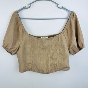 Kirious LA Tan Colored Suede Feel Cropped Top Sz XL Shirred Back Puff Sleeve New